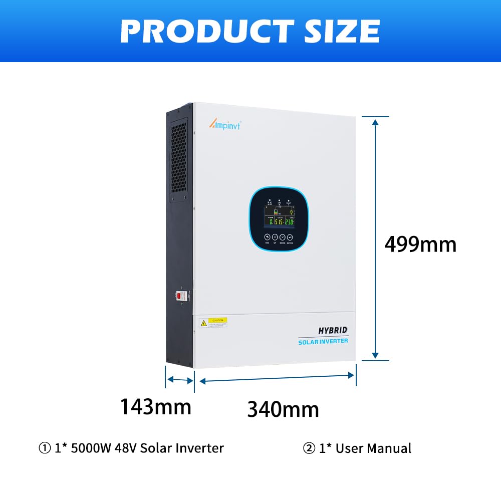 Ampinvt Solar Inverter 5000 Watt 48V to 120V, inbuilt 100A MPPT Solar Charger, Max PV Input 5500W 500Vdc,Off Grid Pure Sine Wave Inverter Support up to 6 in Parallel for Lead Acid Lithium Battery