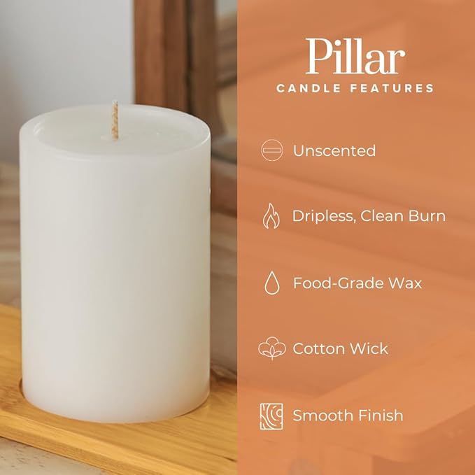Simply Soson 3x4 inch White Pillar Candles Set of 6, Smooth Texture, Unscented White Candles, Dripless Candles, 3 inch Pillar Candles Ideal as Wedding, Parties, Spas, Dinner, Home Decoration, Church