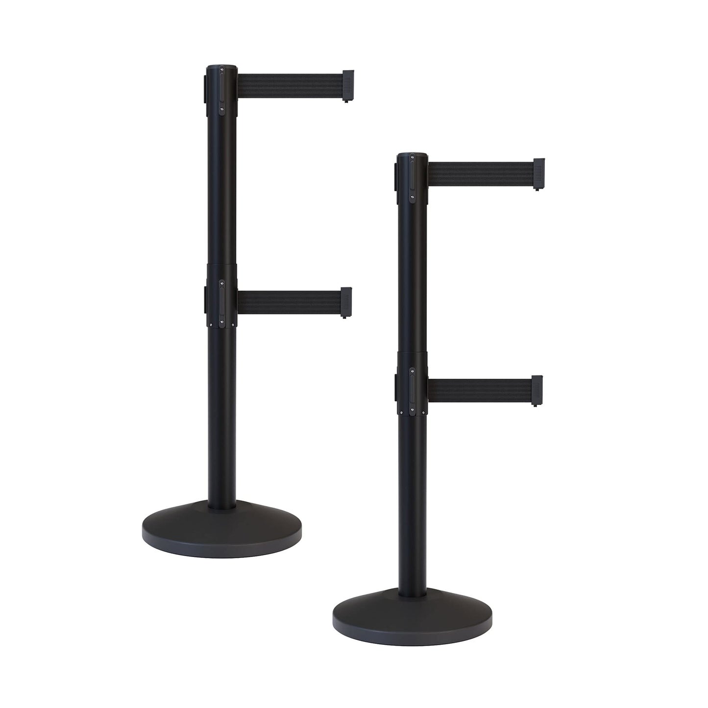 CCW Series RBB-100D - Set of 2 Stanchion Retractable Belt Barriers Dual Belt - Easy to Assemble, No Tools Required (11 Foot Belt, Black Belt with Black Post)