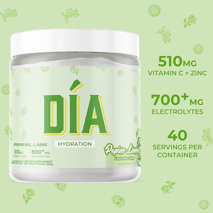 Primeval Labs Dia Hydration Electrolyte Powder | Vitamin C + Zinc, Taurine & Electrolytes | Low Sugar Daily Hydration Drink | 40 Serving Tubs | Pepino Limon