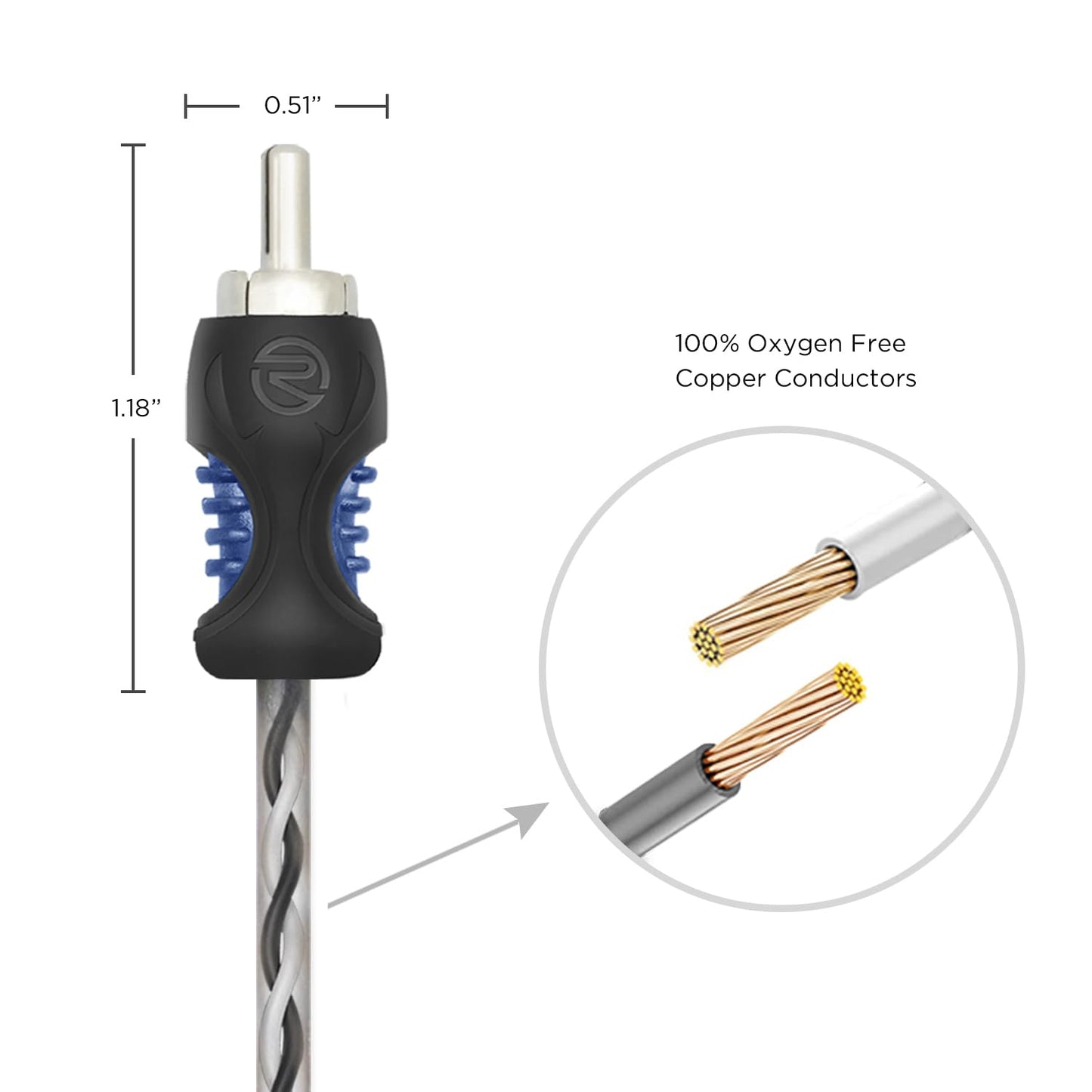 RCI21 100% 1ft 2-Channel RECOIL Oxygen Free Copper RCA Audio Cable, Twisted Pair with Noise Reduction