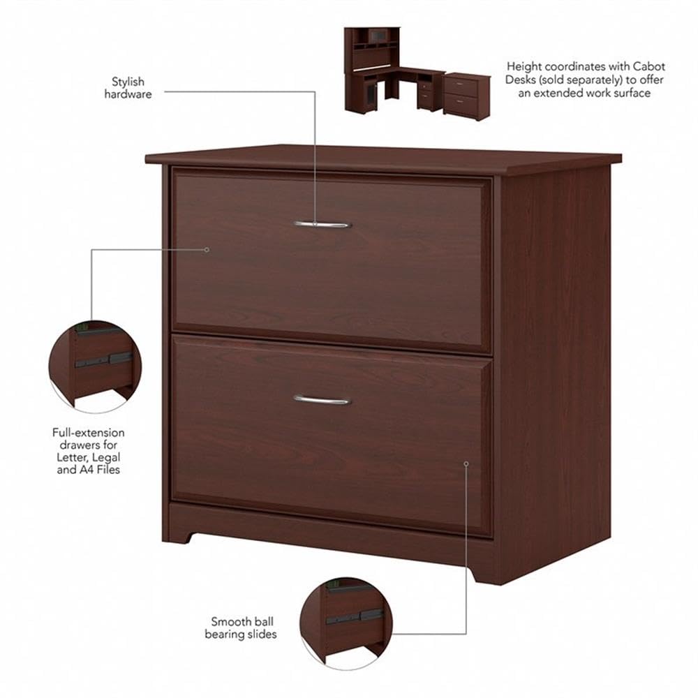 Bush Home Cabot 2 Drawer Lateral File Cabinet in Harvest Cherry, Home Office Chest for Letter, Legal, and A4-size Document Storage