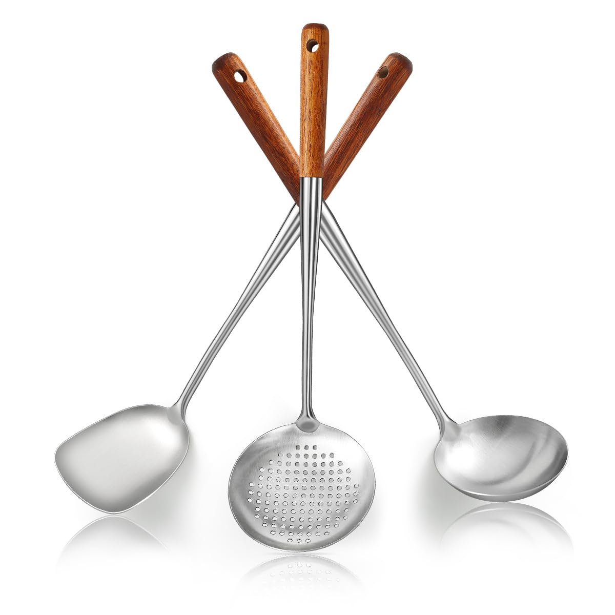Evanda Wok Spatula Set 17", Heat Resistant Wood Handle Stainless Steel Wok Tools, Ladle, Metal Spatula, Kitchen Skimmer, Professional Kitchen Cooking Utensils Set, Wok Accessories Dishwasher Safe