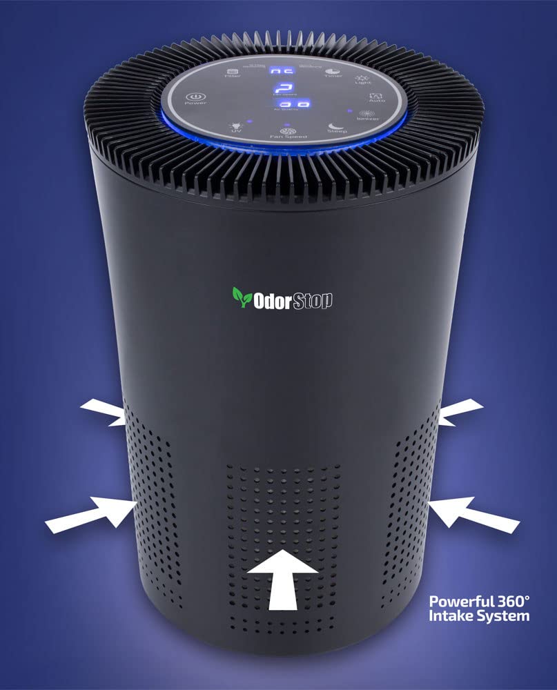 OdorStop OSAP5 HEPA Air Purifier for areas up to 1000 Sq Ft with H13 True HEPA Filter, Active Carbon, 5-Speed, Auto Mode, Sleep Mode, Child Lock, and Timer - Black