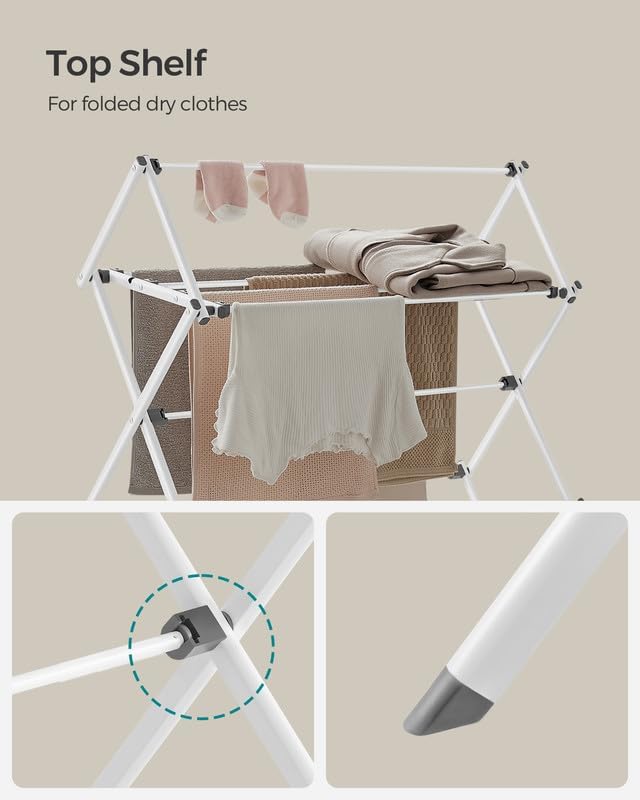 SONGMICS Foldable Clothes Drying Rack - Steel Frame Laundry Airer for Indoor/Outdoor Use | 14.6 x 29.5 x 53.2 Inches, Easy Assembly, White