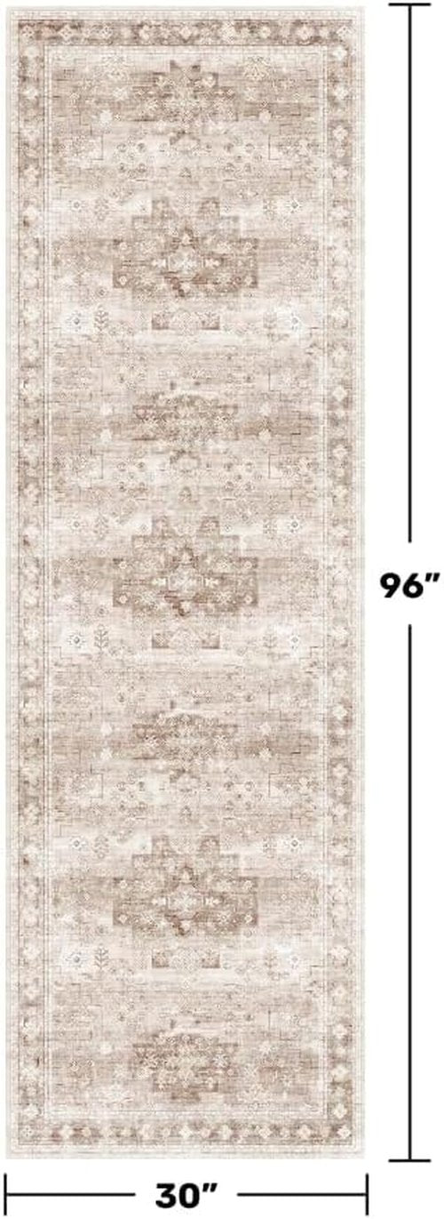 Hazo Haus Beige Washable Hallway Runner Rug - Non-Slip, Stain Resistant, 2'6"x8' Boho Floral Decor