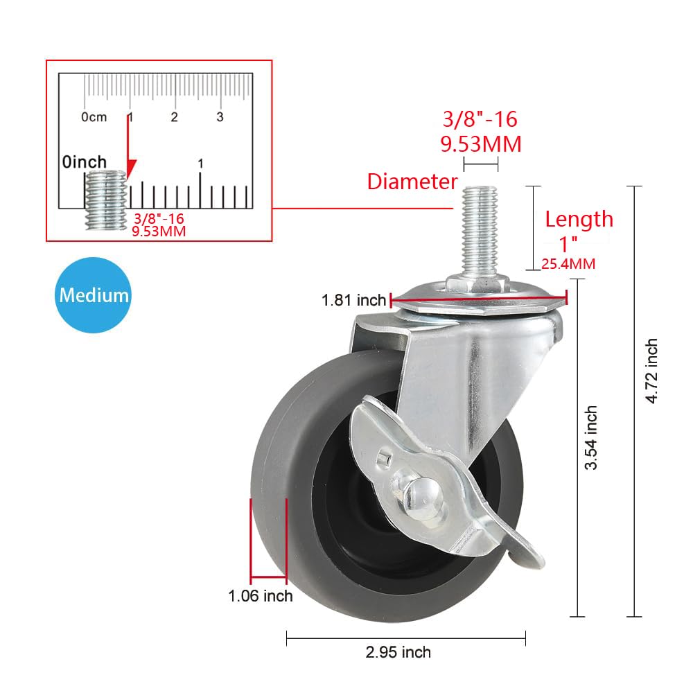 WHARSTM Caster Wheels, 3" Locking Swivel Stem Casters Set of 4, 3/8"-16 x 1 (Screw Diameter 3/8", Length 1") Rubber Casters with 360 Degree No Noise Wheels for Furniture