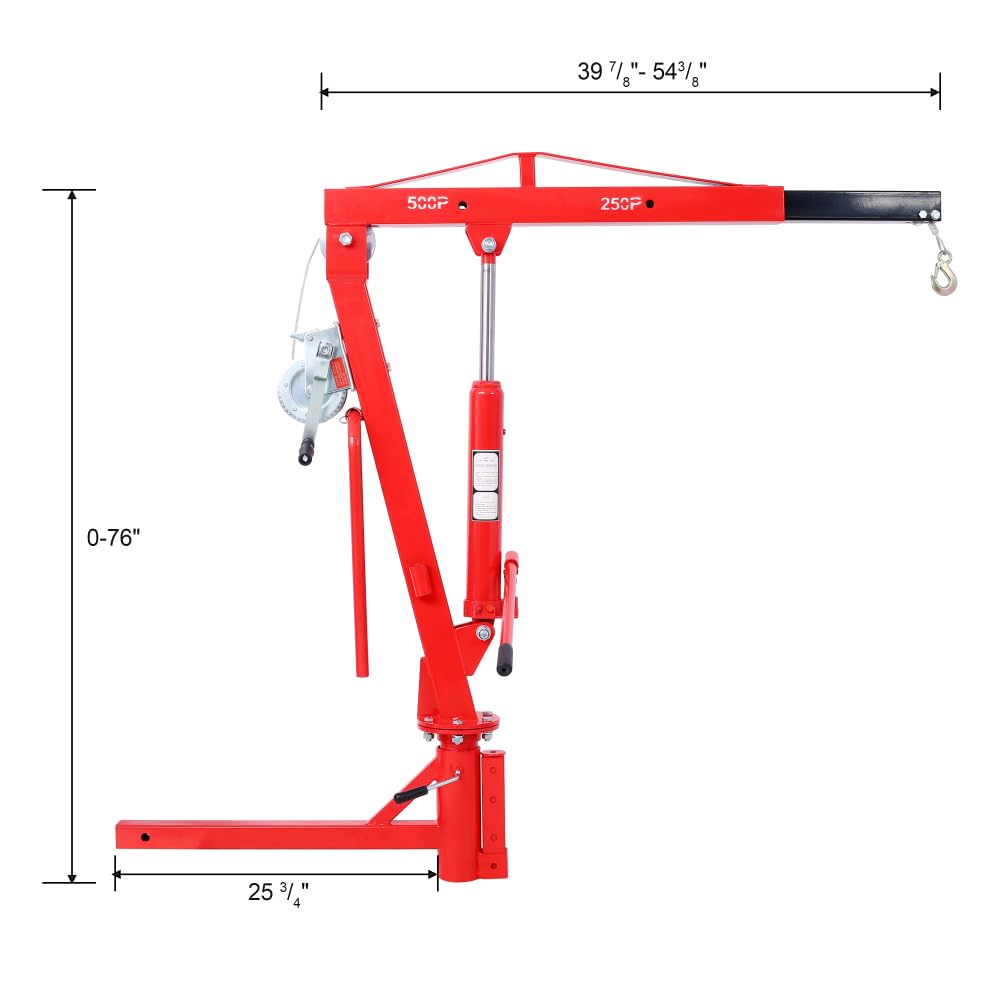 Truck Bed Crane with Hitch Mount Lift, 500Lb Hydraulic Pickup Truck Hitch Crane, 2" Receiver Engine Hoist, Foldable Red Jib Lifting System for Loading Dock PWC Trailer, Professional Shop Tool