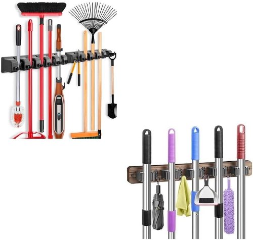 IMILLET Broom Holder Set - 2 Pack Plastic & 1 Pack Wooden Holders for Efficient Storage