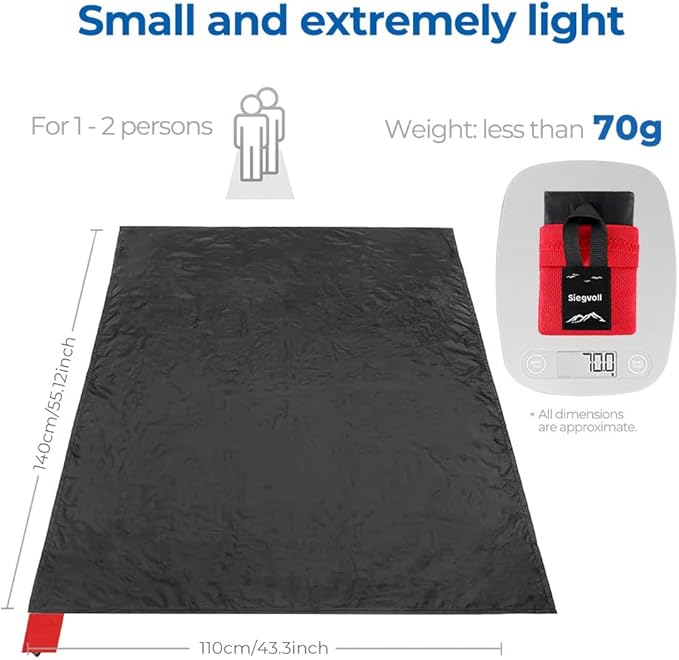 Pocket Picnic Blanket for 1-2 Persons, 43.3x55.12″ Sand Free Beach Blanket, SandProof Waterproof Foldable Beach Mat, Lightweight Picnic Mat for Outdoor Hiking Camping Travel(Black)