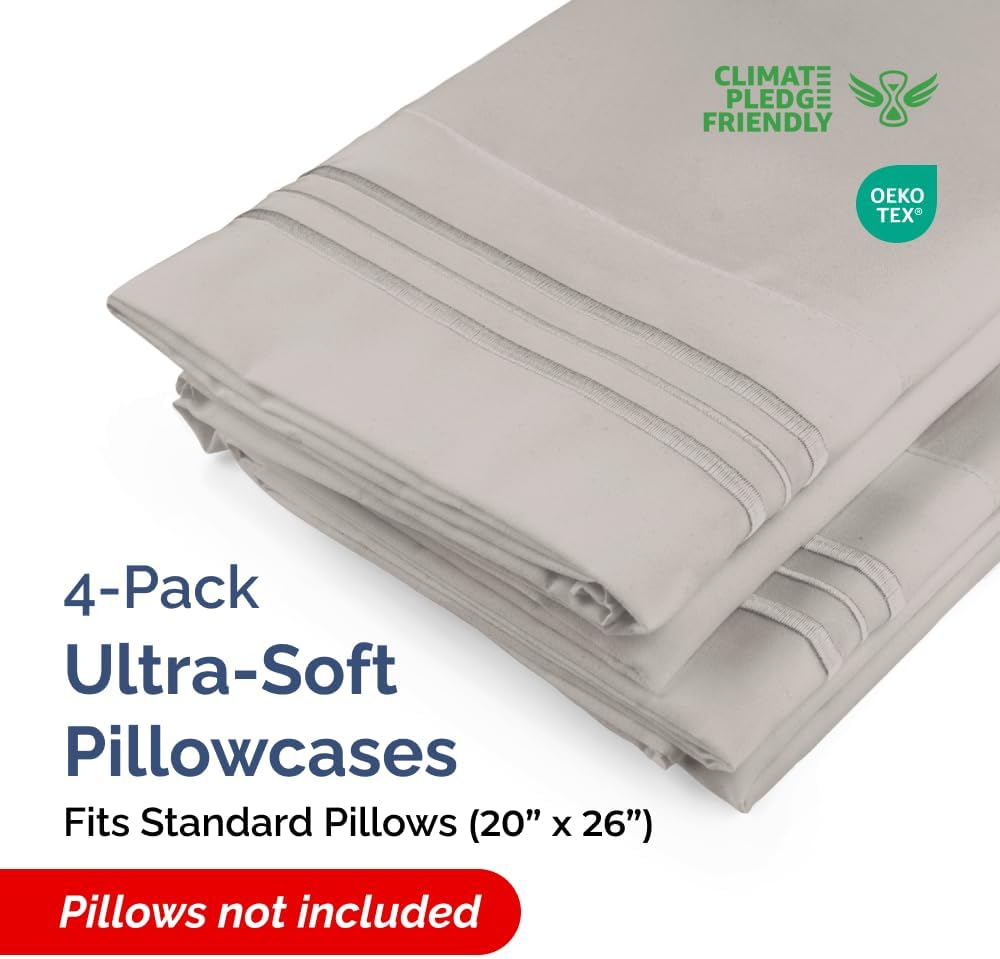 Skiennix Standard Pillow Cases Set of 4 | Ultra Soft Hotel Quality Covers - Light Grey, Machine Washable