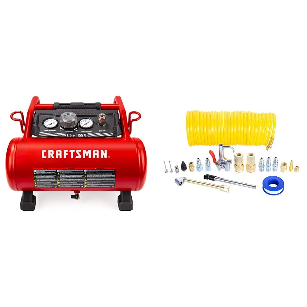 Craftsman Air Compressor, 3 Gallon 1.5 HP Max 155 Psi Pressure Oil-Free Portable & 20-pc Air Accessory Kit (CMXZTSG1139NB)
