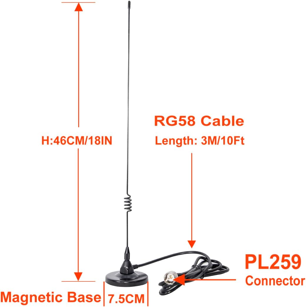 VFAN Dualband 2meter 70cm (137-149, 437-480 PL-259 10 RG58 Antenna Mobile VHF/UHF Ham Radio Mhz) Mag Mount Magnet Base