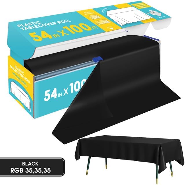 Niuara Black Plastic Table Cover Roll - 54" x 100FT | Disposable Table Cloth for Weddings & Parties