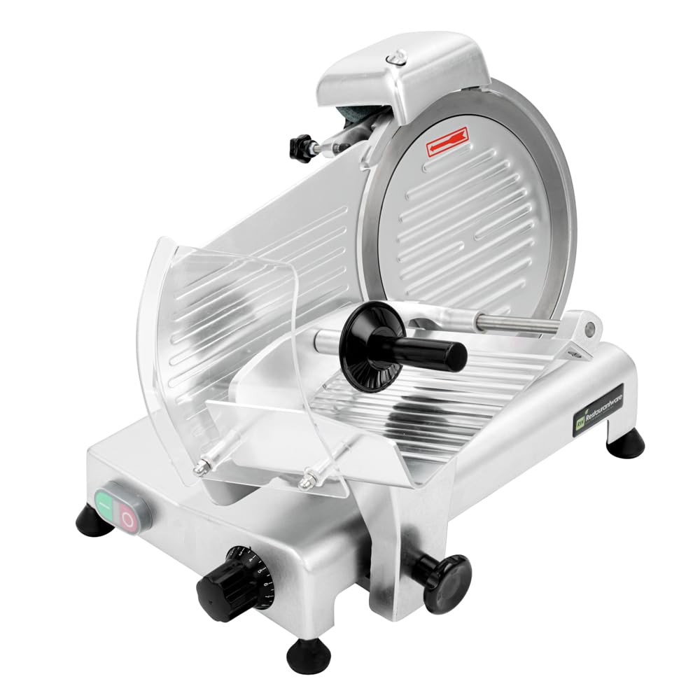 Restaurantware Bio Tek Meat Slicer 1 Adjustable Slice Size Manual Slicer - 320W Operation 0.25 Horsepower Stainless Steel Deli Slicer Built-In Sharpener Fixed Ring Guard