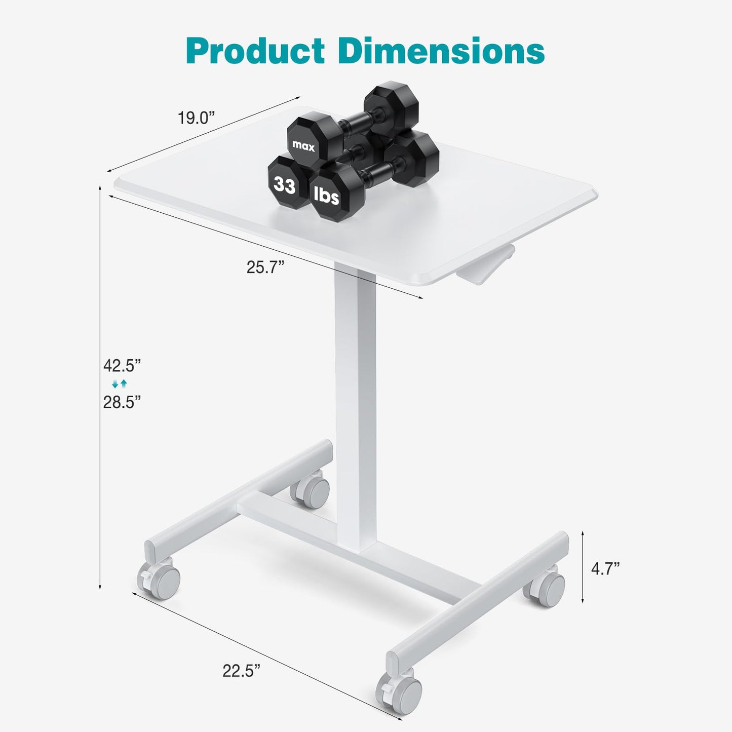 DUMOS Small Standing Desk Mobile Portable Rolling Laptop PC Table on Wheels Adjustable Height Computer Workstation for Home Office Small Space, 19 Inch, White