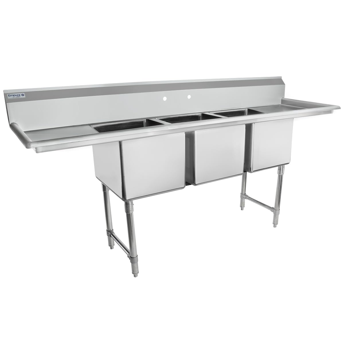 Empura 88" Wide Stainless Steel Three Compartment Commercial Sink | Prep Utility 16" x 20" Bowl for Restaurant Laundry | (2) 18" Drainboard, 9.75" Backsplash, 88"W x 25.5"D x 44.25"H, 16 Gauge, NSF