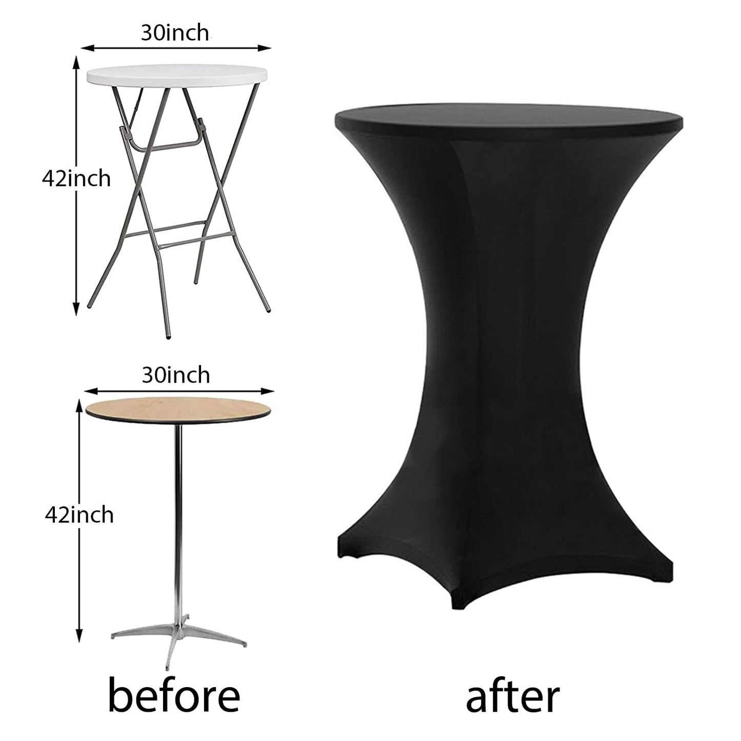 Tina's 6 Pack 30x42 Inch Highboy Spandex Cocktail Table Covers Black, Fitted Stretch Cocktail Tablecloth for Round Tables (6PC 30X42 Black)