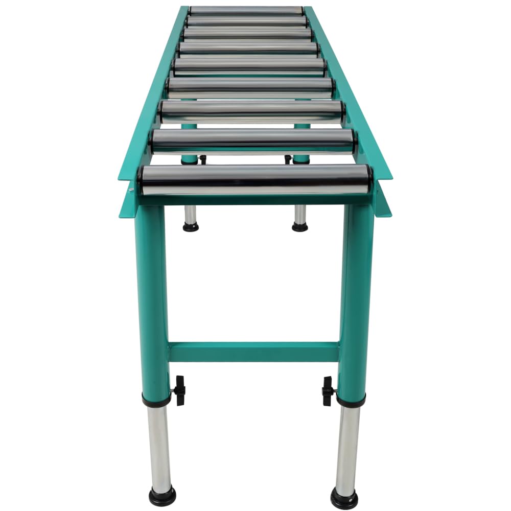 Heavy Duty Roller Conveyor Stand, 9 Roll Adjustable Height, Green Steel, 65x18 Inch, 440 lbs Capacity