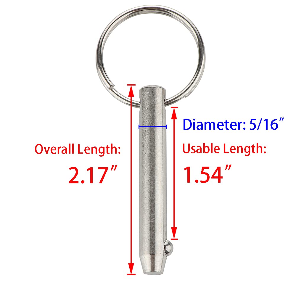 2 Pcs Quick Release Pin, Diameter 5/16"(8mm), Overall Length 2.17"(55mm), Usable Length 1.54"(39mm), Full 316 Stainless Steel, Bimini Top Pin, Marine Hardware