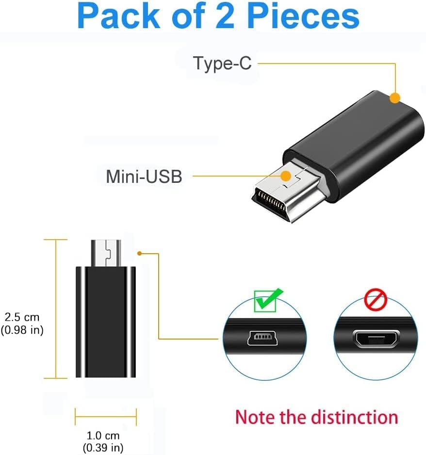leizhan 2 Pack, 2.0 MP3 USB C to Mini USB Adapter, USB-C Female to Mini USB Male Adapter, Compatible