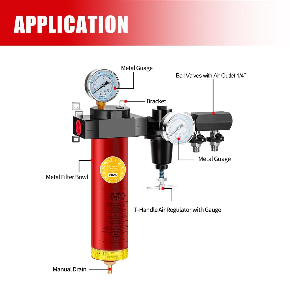 NANPU Z-R Air Filter Regulator– Sintered Filter, 1/2" NPT Inlet, 1/4" NPT Outlet Module, 0-230 psi Gauge, 127 CFM @ 6 bar, Metal Housing, Heat Resistant to 248°F