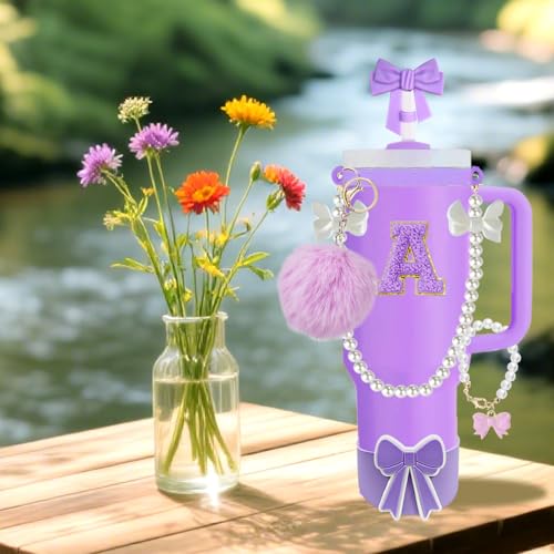 RNFVJH 10PCS Purple Stanley Cup Accessories Set for 30oz 40oz Tumbler with Handle, Includes Pearl Strap, Bow Straw Topper & Boot, Decorations Charms, Letter Sticker, Spill Proof Stoppers(A, Purple)