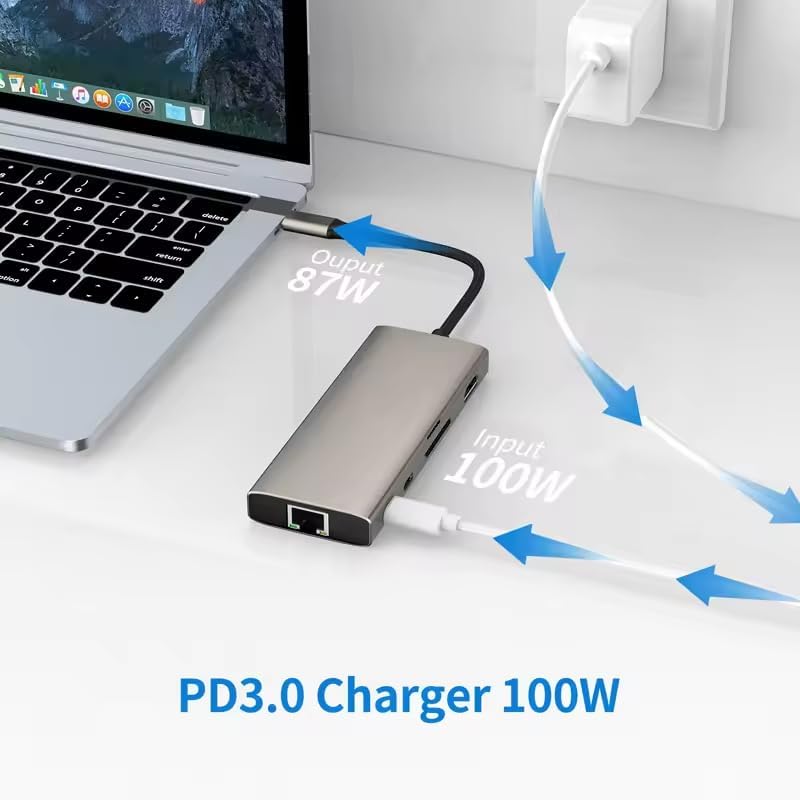 SZPACMATE 10-in-1 4K USB3.0, RJ45 USB C HUB Dongle, USB C Adapter Docking Station with HDMI, Type C PD, USB C Data
