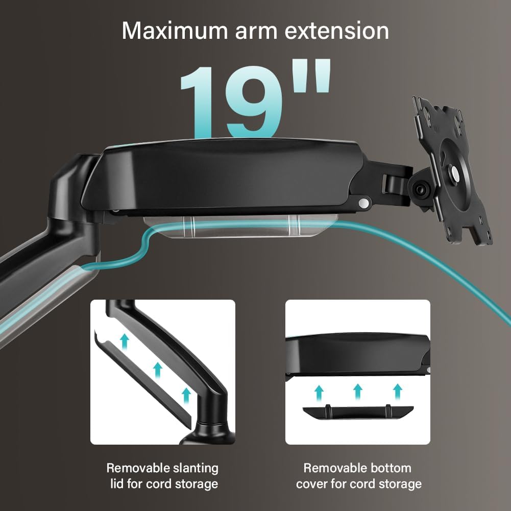 BFTOU 32 inches 17.6 lbs, Grommet Black Single Monitor Arm Adjustable Stand Monitor Mount up to and Computer Desk Mount