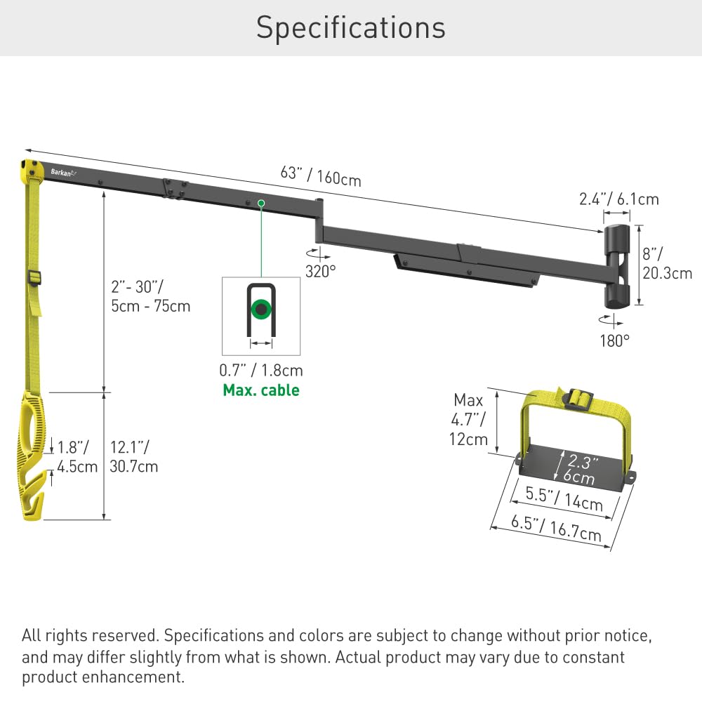 Barkan 63" Protective EV Charging Cable Wall Arm, 5 Year Warranty, Indoor & Outdoor Weatherproof zinc Coating, for Electric Vehicle Cable, Retractor Arm