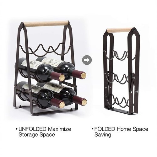 HMKAIJUFUL Wine Rack, 6 Bottle Wooden Countertop Free Standing Shelf,3 Tier Bottle Holder Stand for Home Bar Tabletop, Cabinet Inserts, Kitchen, Wine Cellar Storage No Assembly(Black)