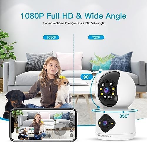 VSTARCAM 1080P Monitor,360 2-Way 005 Camera Dual-LensI, Pet Baby Security Camera Indoor with Siren & Spotlight, Motion