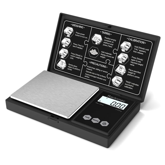 Raclomec Digital Gram Scale 200g x 0.01g Jewelry Scale, Gram, Ounce, Carat, Grain, for Food, Ingredients, Gemstone, Gold Coin, Spice, Medicine and Powder Weighing