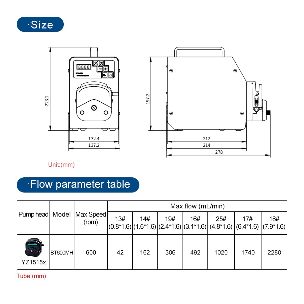 BT600MH-YZ1515x Peristaltic Pump Stepper with Digital Control Dosing Pump with Pump Head Max 2280ml/min Liquid Dosing Pump for Lab (110V)