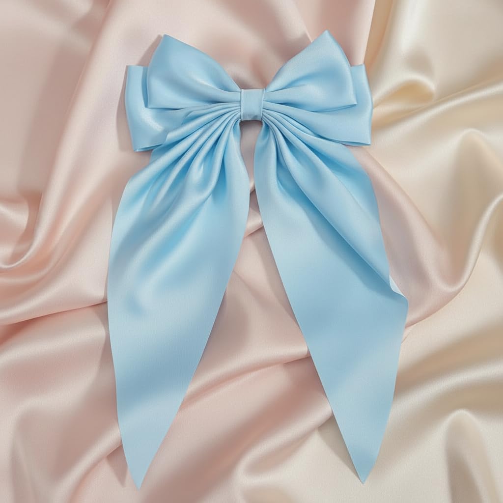 Skiennix Jumbo Silky Satin Bow Clip Hair Barrettes - Light Blue Large French Hairpins for Girls