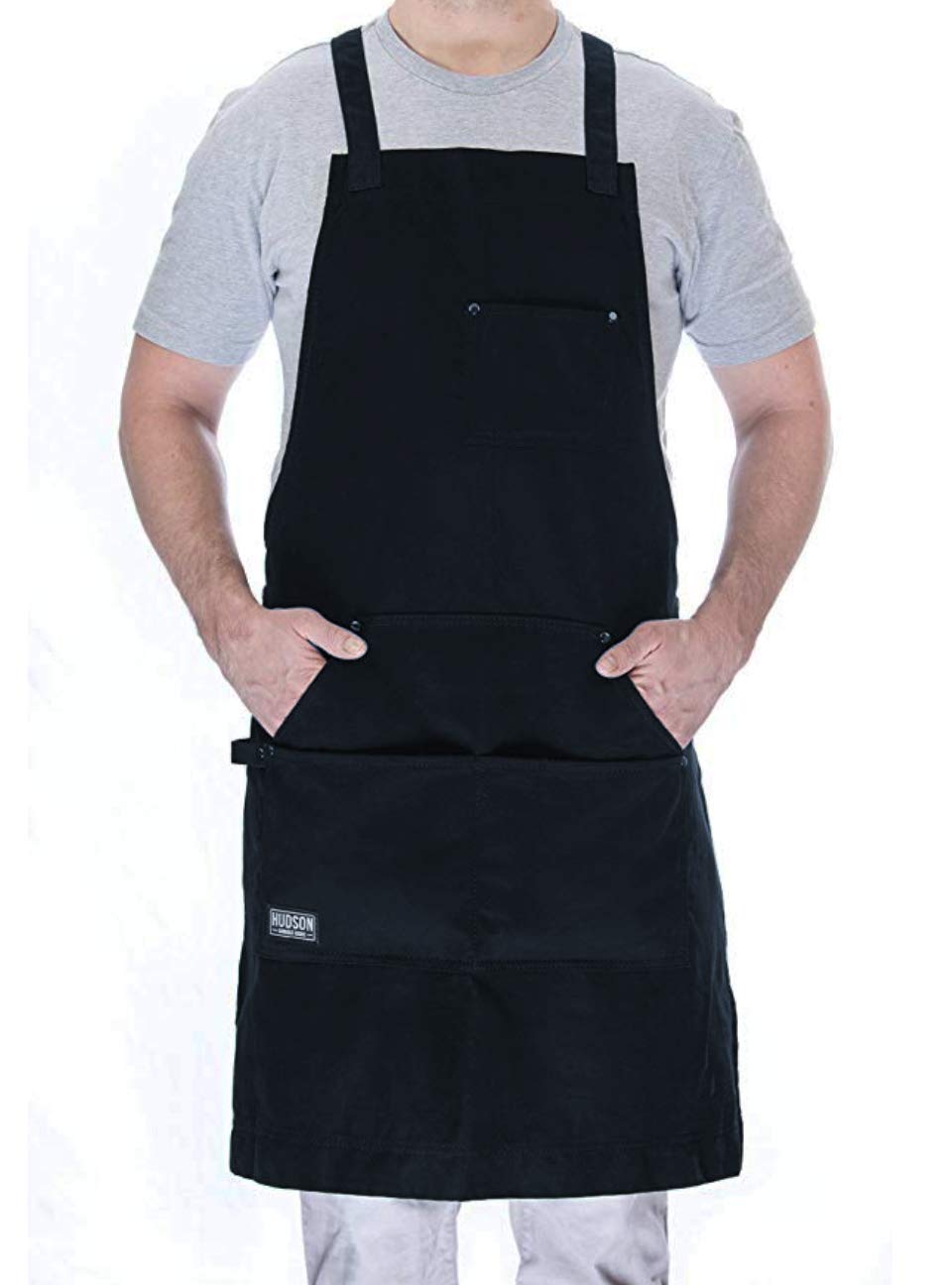 Hudson Durable Goods Professional Grade Chef Apron for Men and Women, 100% Cotton Work Apron for Kitchen, BBQ, and Grill, with Large Pockets for Tools, Towel Loop, Crossback Design - One Size, Navy