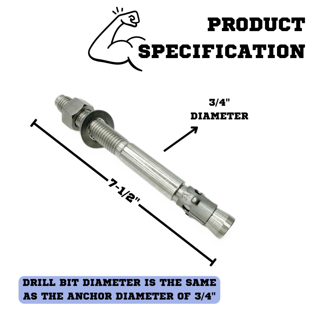 Mighty Fasteners Wedge Anchors – Heavy-Duty 304 Stainless Steel Expansion Bolts for Concrete & Masonry, Rust-Resistant & Durable - 3/4" X 7-1/2" - 10 Pack