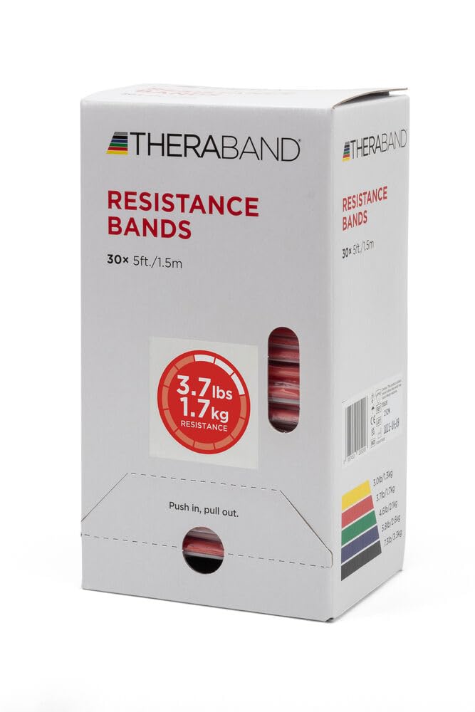THERABAND Resistance Bands, 5 Foot, 30 Count Professional Latex Elastic Bands For Upper & Lower Body Exercise, Physical Therapy, Lower Pilates, At-Home Workouts, & Rehab, Medium Red, Level 2