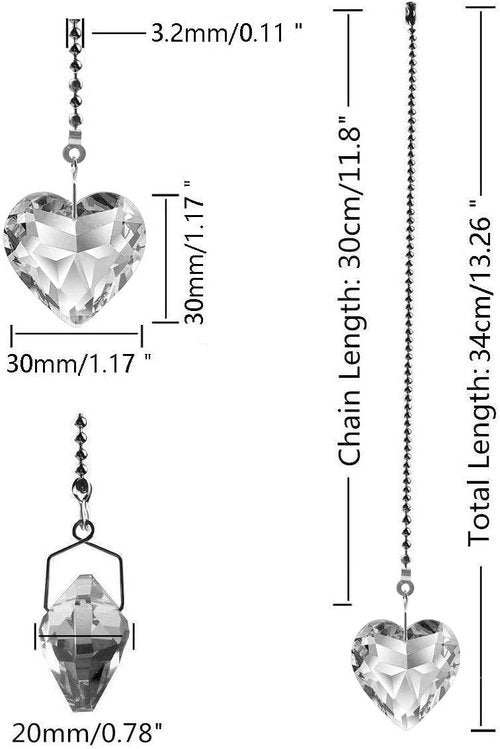 Hyamass Ceiling Fan Pull Chain Extender - 2 Pack 12 Inches Decorative Crystal Heart Prism Pendants with Ball Chain Connectors for Fan Light Chains (Replacement Pull Chains) (Clear)