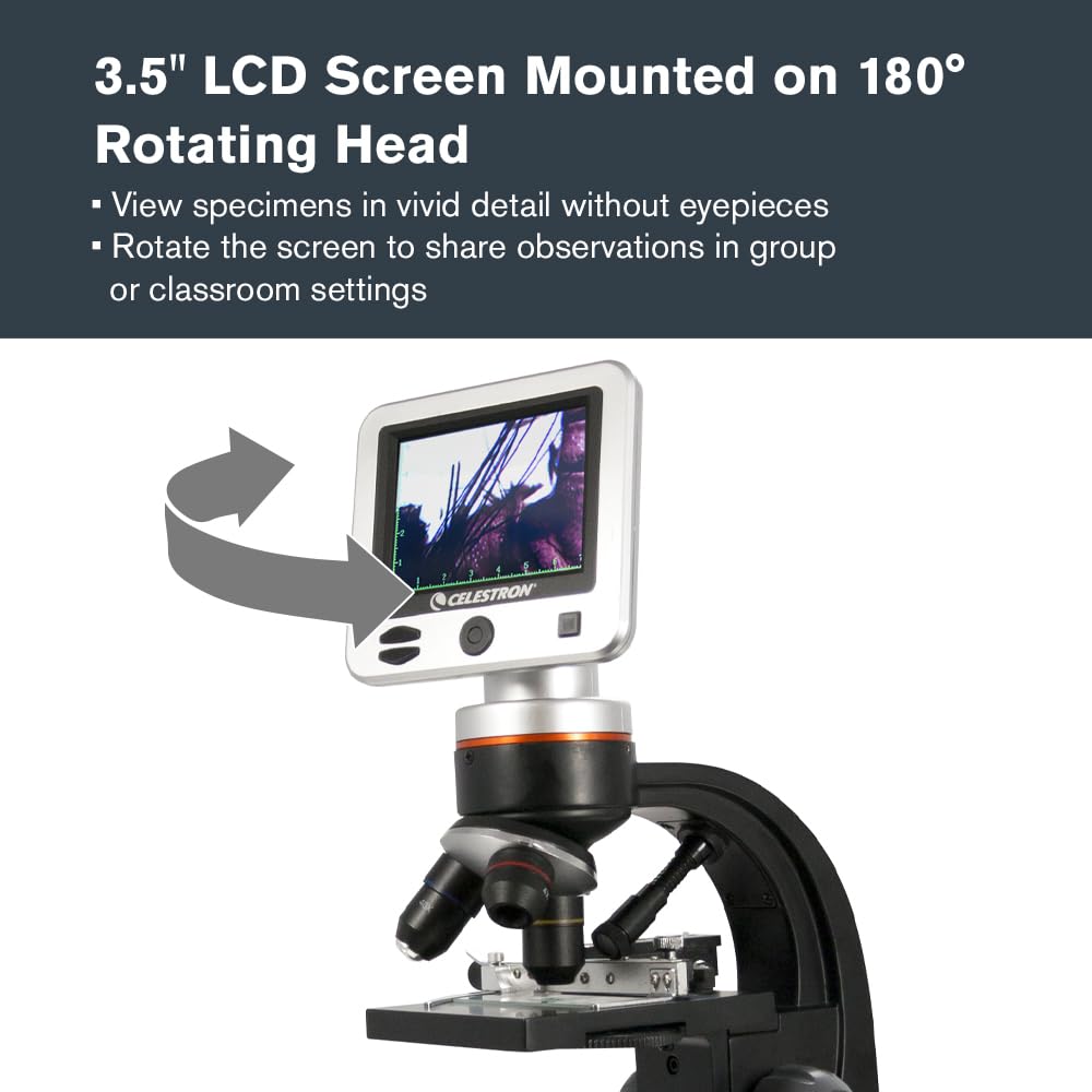 Celestron – LCD Digital Microscope II – 3.5" Screen – 5MP Camera – 40x–1600x Magnification – Rotating Head – SD Card Included – TV Output – Ideal for Slides, Labs, Classrooms, Biology, Education