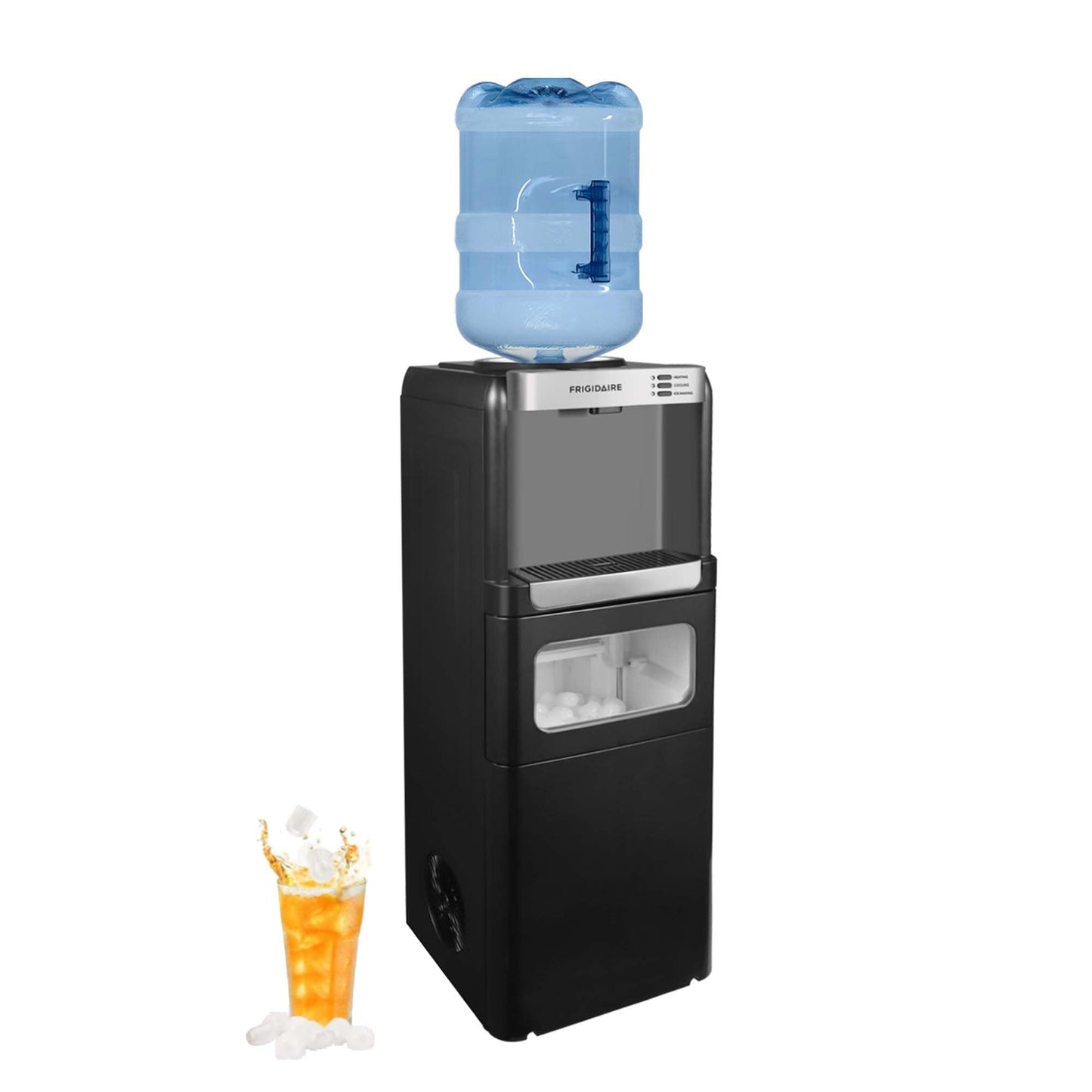 Frigidaire 3-in-1 Hot or Cold Top-Load Water Cooler Dispenser, 5 Gal Bottle, Built-in Bullet Ice Maker, Compact, Black