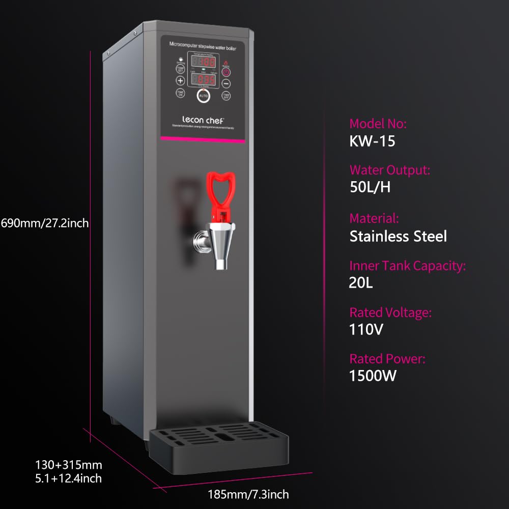 Lecon Chef Water Boiler Eletric Commercial Hot Water Dispenser Countertop with Filter Black Automatic 20L 1500W Fast Heating for Restaurant, Home, Office