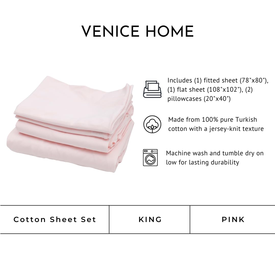 Venice Home 100% Cotton Bed Sheet Set with Deep Pocket - T-Shirt Fabric Jersey Knit - Extra Soft - Easy Fit - 4 Piece Set with Pillowcases - All Season - Comfy – 4 pcs (Pink, King)