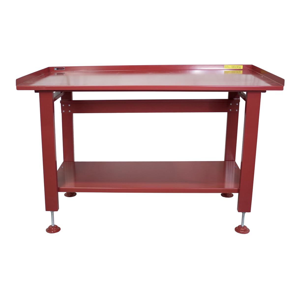 K Tool International 75111 60" x 34" Heavy Duty Work Table for Garages, Repair Shops and DIY, 1200 lb., 31" Height, Raised Edges, Bottom Shelf, Leveling Feet, 13 Gauge Steel, Powder Coated Finish, Red