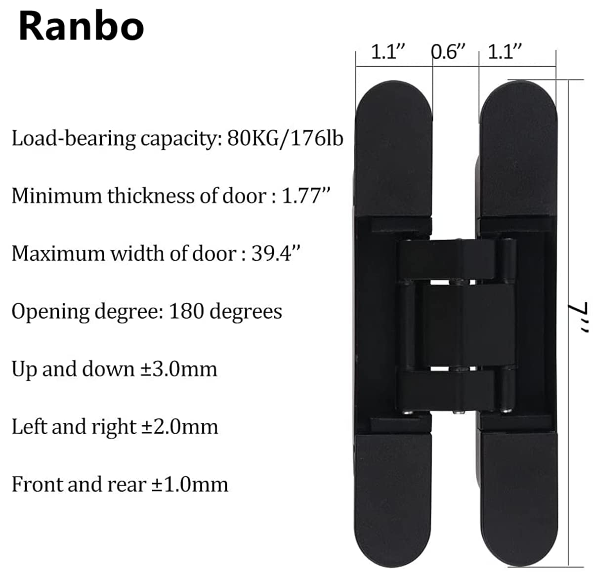 Ranbo 7 x 2.8 x 1.1 inch Zinc Alloy/Aluminum Alloy Material Heavy Duty Invisible/Concealed/Hidden 3 Way Adjustable Butt Hinge Suitable for Commercial Residential Industrial Door (7 inch Black)