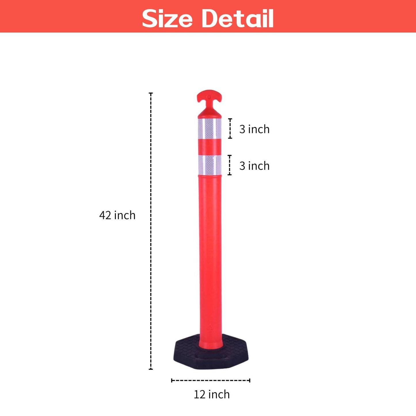 OranclUS Reflective Rubber Base Traffic Delineator Post - Heavy-Duty Safety Bollards for Parking Lot Markers, Road Construction, Driveway Warning - with Reflective Strips (6 Pack - 42 Inch)