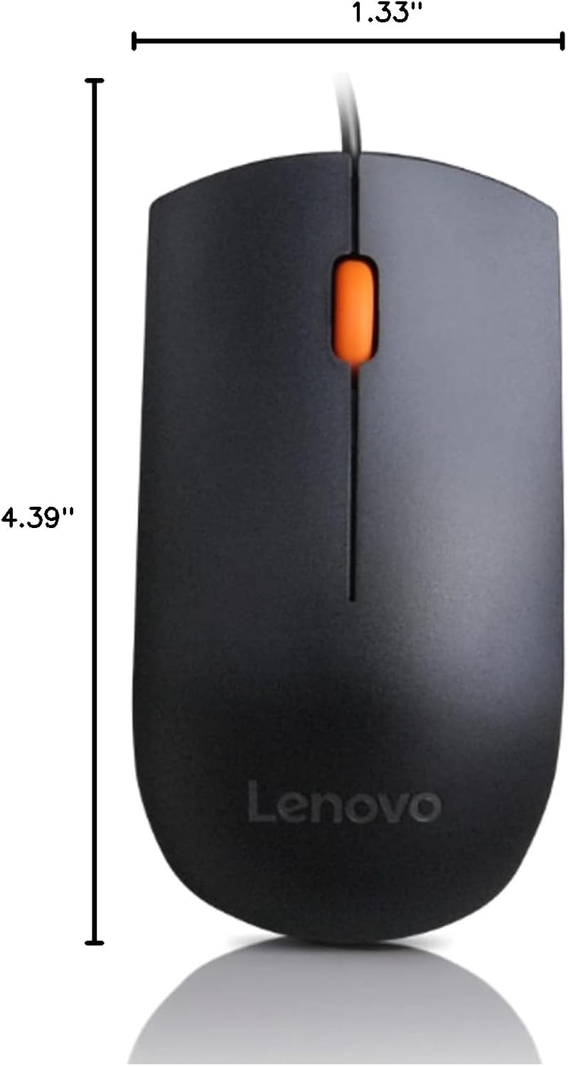 Lenovo 300 1600 3-Button USB Wired Computer Mouse - Full Size Optical Ambidextrous Mouse with DPI, Reliable USB-A Wired