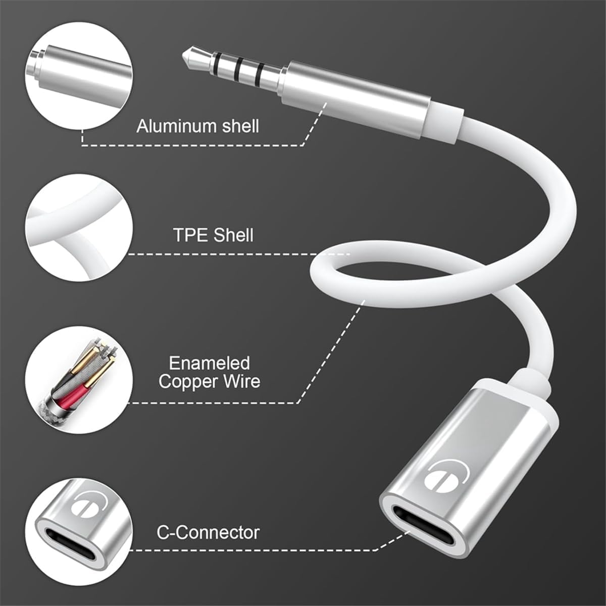 Tiosen 3.5mm MP3 Male to Type-C Female Audio Adapter Cable, White, Compatible with Smartphones, Players, Laptops