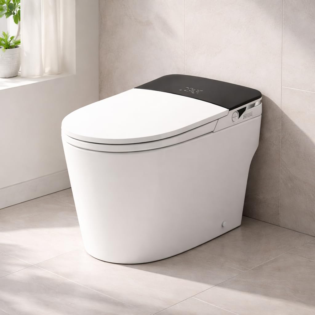 Smart Toilet with Bidet, Manual Lid, Auto Flush, Heated Seat, Instant Warm Water Wash, Feminine Wash, Foot Sensor Flush, Low Pressure Tank Pump, Black Temp Display, LED Night Light