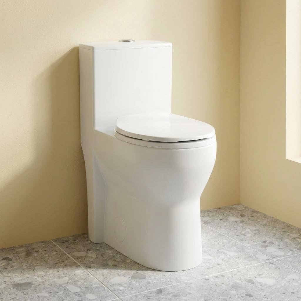 One Piece Toilet with 19" ADA Height, Round Bowl Design, Soft Closing PP Toilet Cover, Easy Clean Surface, Water Efficient Flush